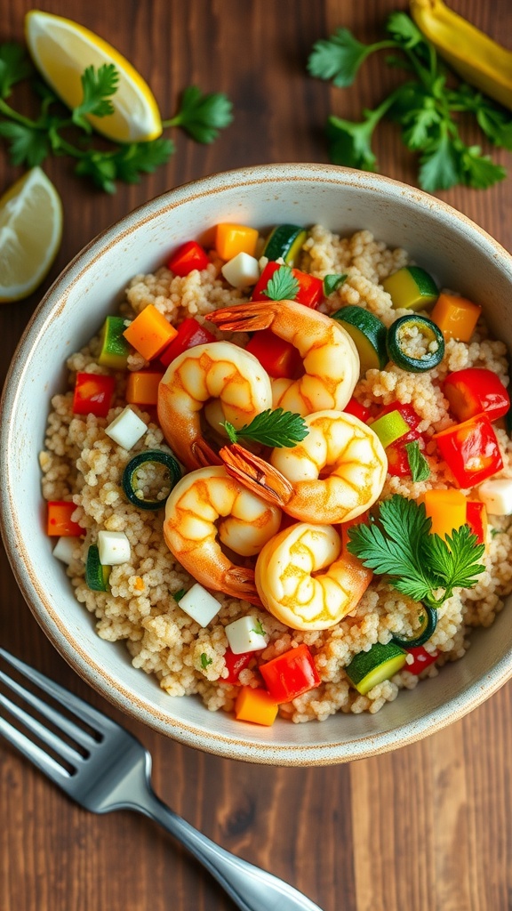 A colorful quinoa bowl with garlic shrimp, bell peppers, and zucchini, garnished with parsley on a wooden table.